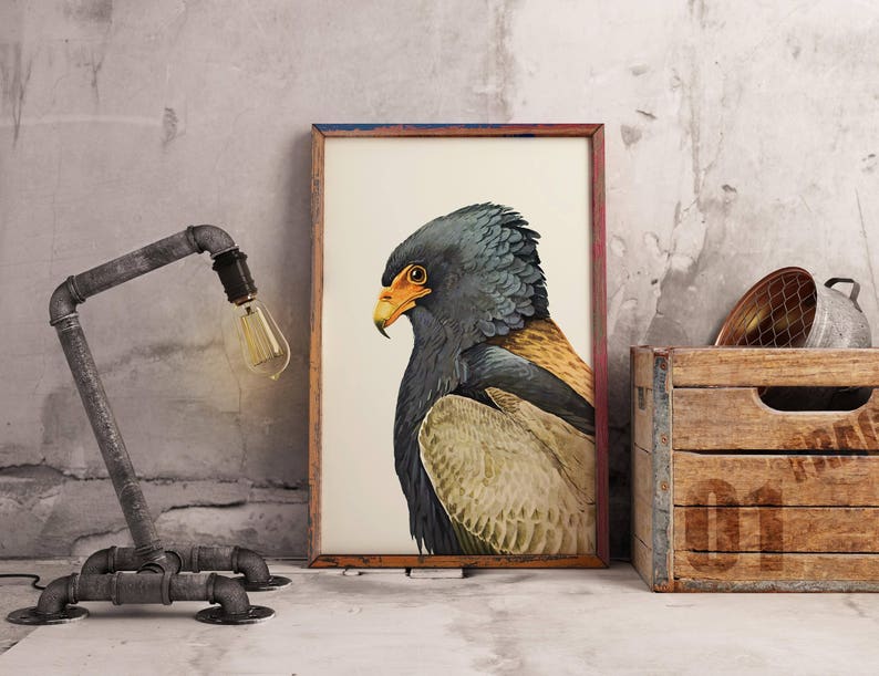 K&ouml;nnte beinhalten: Ein gerahmter Druck eines schwarzen und braunen Vogels mit einem gelben Schnabel und orangefarbenen Augen. Der Vogel sitzt auf einem Ast und schaut nach links. Der Druck h&auml;ngt an einer Wand mit einer grauen Betonstruktur.