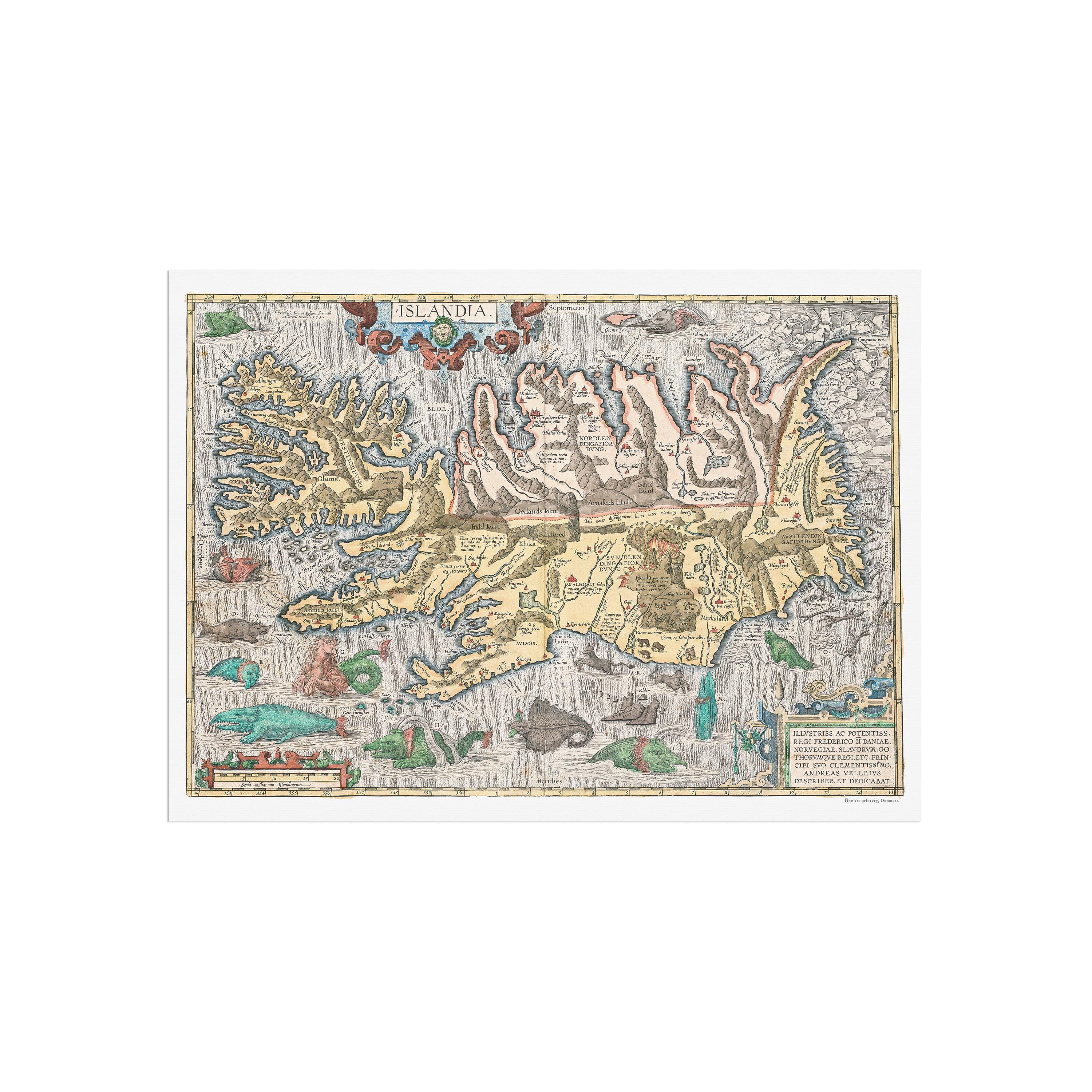 Ortelius Islandia 1585 - Vecchia mappa dell'Islanda con mostri marini, animali, Hekla, nomi di città e molto altro - Mappa islandese d'epoca