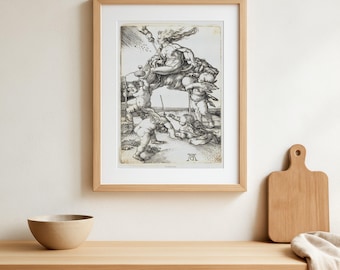 Bruja cabalgando de espaldas sobre una cabra - Réplica de un dibujo de Alberto Durero de c. 1500 - Arte Oculto, Impresión Histórica de Bruja Pagana Mística