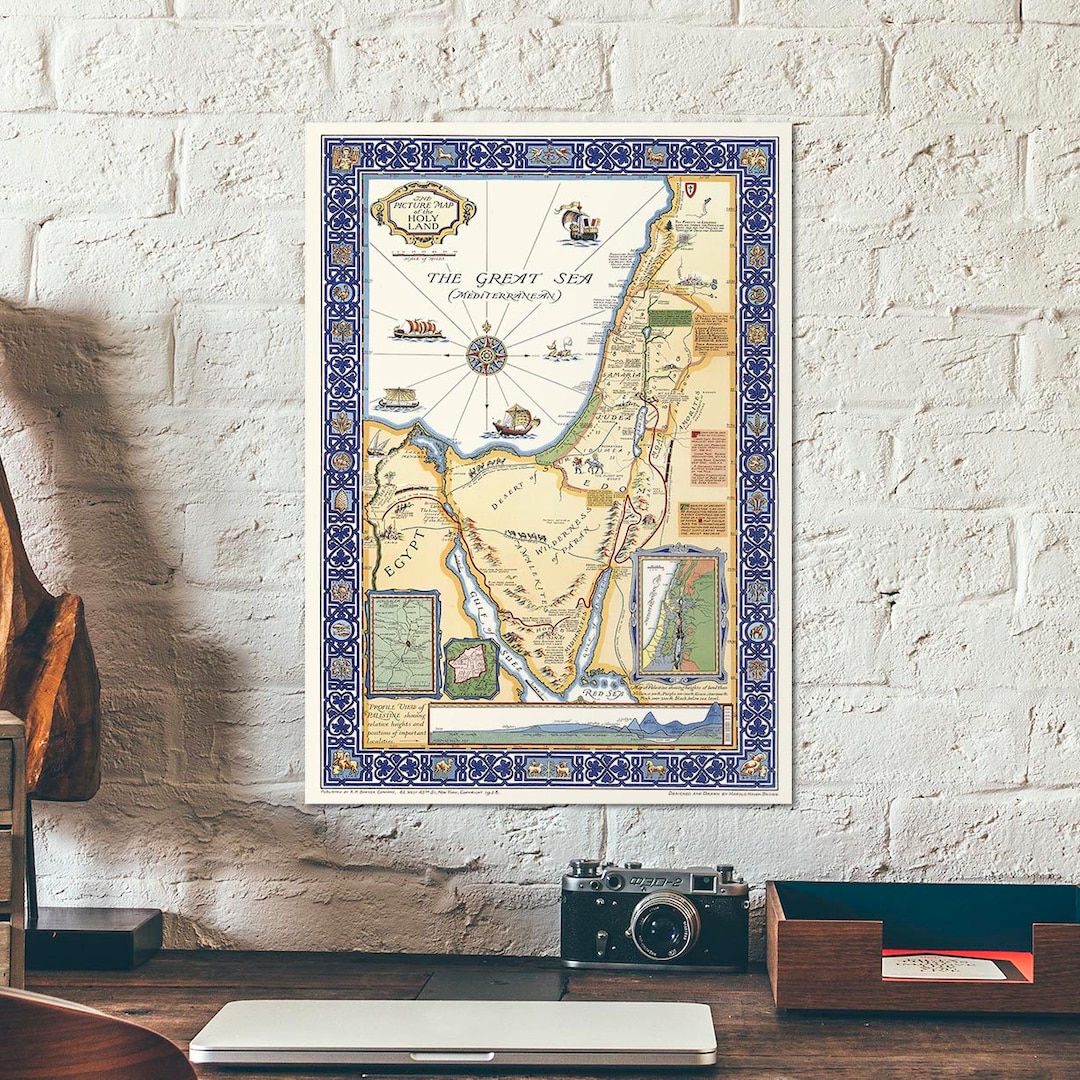 Vintage Picture Map of the Holy Land - Old Pictorial Map With ...