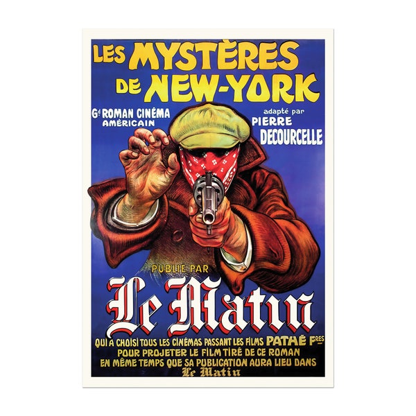 El cartel francés de "pistola" en el apartamento de Joey y Chandlers, Les Mystères de New York, ca. 1915 póster publicitario vintage