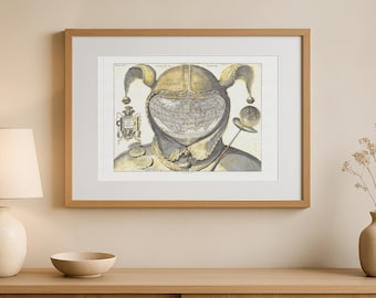 Impresión del mapa del mundo de la gorra del bufón: arte de estilo antiguo de la década de 1590