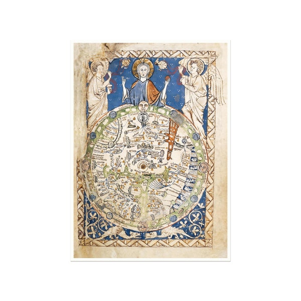Medieval world map - Psalter Map - with a blessing Christ, two angles and many beautiful old vintage map details.