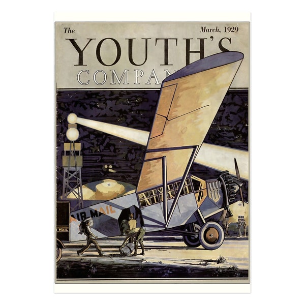 Vintage style poster of Youth's Companion Magazine front cover, March 1929  - Postal Air Mail Plane and Workers