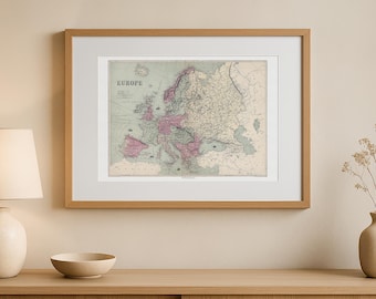 Vintage Europe Map Print, 1873 Antique European Wall Art