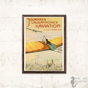 Cartel de aviación vintage - Journées Lausannoises d'aviation - Arnold Cuenod - Aeropuerto de Lausana - Anuncio de avión antiguo