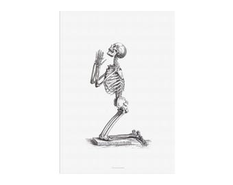 Historical replica antique illustration of the skeleton from a praying person. First published in 1733
