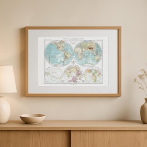Doppelhemisphären Weltkarte - Vintage Weltkarte mit Einschüben der Arktis und Antarktis