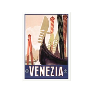 Venezia d'epoca - Manifesto turistico veneziano con prue di gondole nei canali di Venezia.