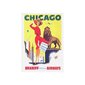 Chicago Travel Poster – Braniff International Airways – Vintage Airline Poster Featuring Stylish Woman and Lion Statue, 1950s Retro Wall Art