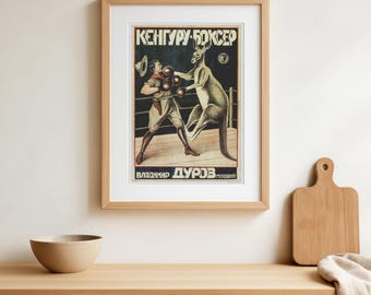 Vintage Kangaroo Boxing Poster Print, Funny Animal Art, Eclectic Wall Decor