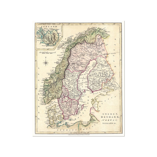 Detailed map of Scandinavia - Scandinavian vintage map - Norway - Denmark - Sweden - Iceland - Finland - Nordic countries old map