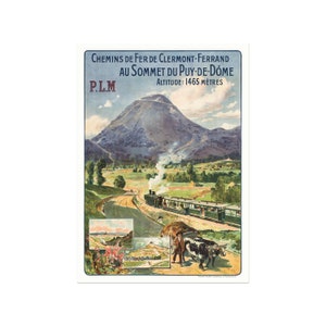 Cartel de viaje en francés del ferrocarril PLM desde Clermont-Ferrand hasta la cima del volcán Puy-de-Dôme. Cartel de viaje en tren de época