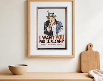 Vintage war propaganda poster - Uncle Sam pointing, with the text: I want you for U.S. army - WWII - wall art poster - old war poster