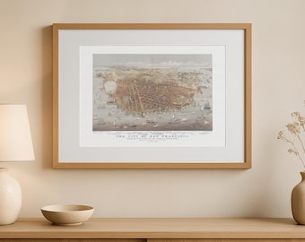 Old San Francisco city map - Birds eye view from the bay looking south-west