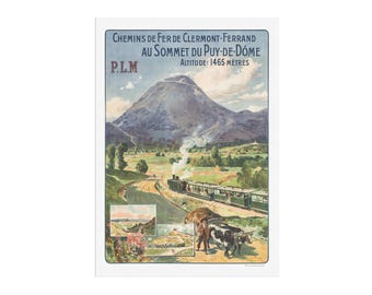 French travel poster for the PLM Railway from Clermont-Ferrand to the top of the Puy-de-Dôme volcano. Vintage Railway Travel poster