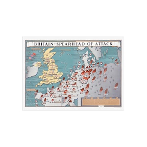 Britain - Spearhead of Attack, World War II Pictorial Propaganda Map - Europa England UK WWII map poster - 1944 Great Britain armed forces