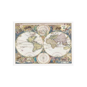 Old hand colored double hemisphere map of the world, with insets of Arctic and Antarctic