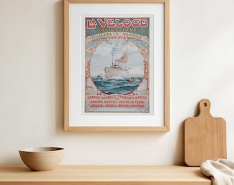 Reproducción de carteles vintage de La Veloce – Art Nouveau marítimo de 1889, barco de vapor de Génova a Nueva York - Impresión de bellas artes Giclée