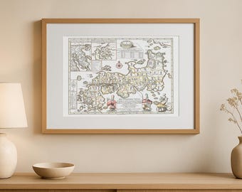 額装品　18世紀　R.ボーゴンディ　「地図帳の扉絵」　大型作品　稀少　版刻精緻 1835年 長久保赤水作 日本の世界地図 - 日本中心の世界観、アジアの