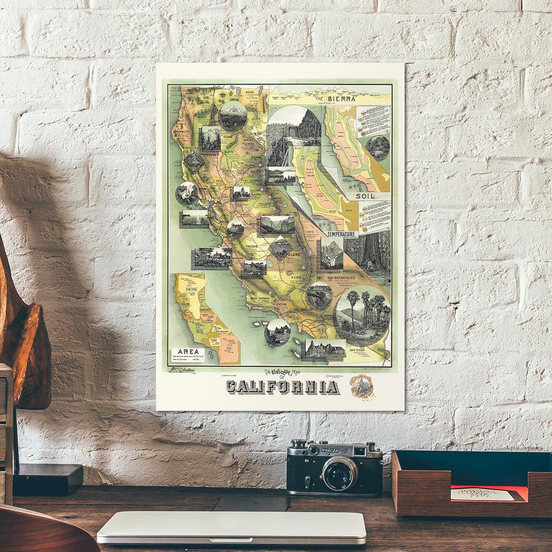 Unique Map of California Vintage California Map Old America Map Retro