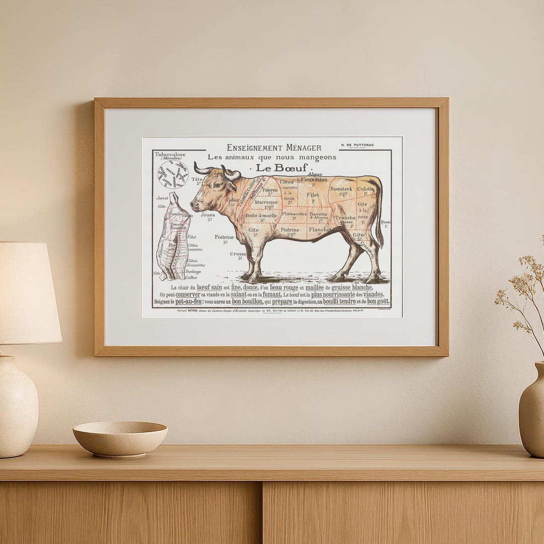 Le Boeuf Beef Cuts - Old Vintage Meat Cut Scheme - Slaughterhouse ...