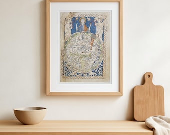 Medieval world map - Psalter Map - with a blessing Christ, two angles and many beautiful old vintage map details.