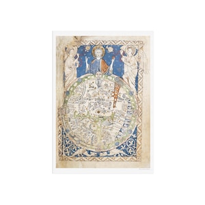 Medieval world map - Psalter Map - with a blessing Christ, two angles and many beautiful old vintage map details.