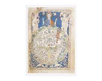 Mappa del mondo medievale - Mappa del Salterio - con Cristo benedicente, due angeli e molti bellissimi dettagli di vecchie mappe d&#39;epoca.