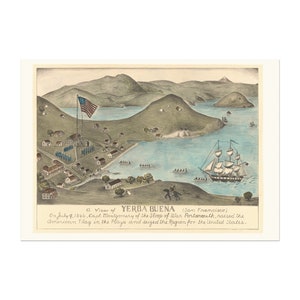 Eine Ansicht von Yerba Buena (San Francisco), Einblick aus der Vogelperspektive auf die Gemeinde Yerba Buena, Kalifornien, am 9. Juli 1846