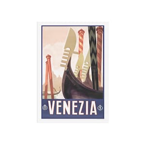 Vintage Venezia - Venetian Travel poster with Gondola prows in the canals of Venice.