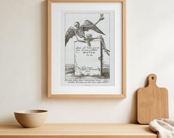 Memento Mori Print – Winged Skeleton, Hourglass, Vintage Art