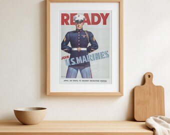 WWII US Marines Propaganda Poster, Ready - Join U.S. Marines, Vintage War Art Print