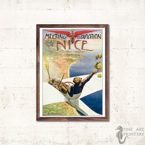 Cartel de aviación vintage - Reunión de aviación en Niza, Francia, abril de 1910 - Festival de aviación - Avión antiguo