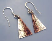 Handmade recycled bronze and sterling silver triangle earrings.