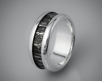 Anillo de plata maciza para hombre, hecho a mano, texturizado y mecanizado. Anillo de boda, anillo de compromiso, anillo llamativo.