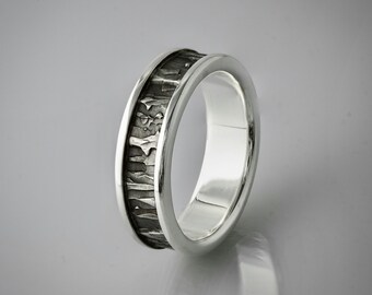 Anillo de plata maciza para hombre, hecho a mano, texturizado y mecanizado. Anillo de boda, anillo de compromiso, anillo llamativo.