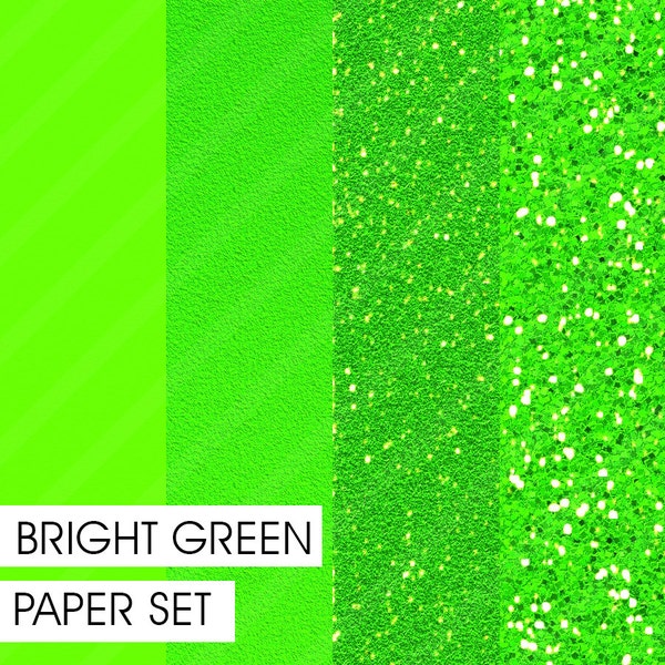 Glitter&Plain PAPER set Bright Green 4 different pre-made pages Instant Download Clipart Background-Texture Fashion Pattern Print