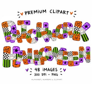 May include: Digital graphic set featuring the text PATCHWORK HALLOWEEN in a colourful, patterned font. The letters are filled with orange, purple, green, black, and white designs including pumpkins, ghosts, stars, hearts, and checkerboard patterns.