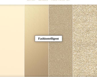 May include: A set of four digital papers labeled CHAMPAGNE GLITTER METALLIC PLAIN PAPER SET and Fashiontelligent. The textures include a solid cream, a smooth metallic gold, a fine gold glitter, and a large gold glitter, each 12x12 inches at 300 DPI.
