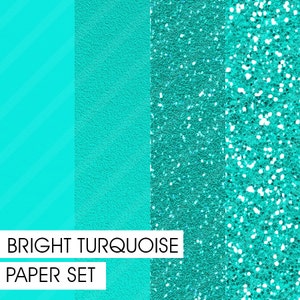 Glitter&Plain PAPER set Bright Turquoise 4 different pre-made pages Instant Download Clipart Background-Texture Paper Fashion Pattern Print