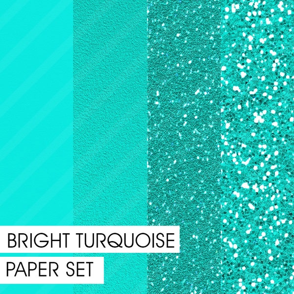Glitter&Plain PAPER set Bright Turquoise 4 different pre-made pages Instant Download Clipart Background-Texture Paper Fashion Pattern Print