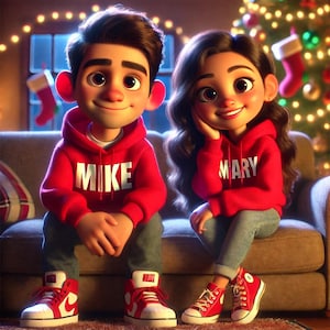 Pixar Cartoon Style Bild eines Paares, einzigartiger digitaler Weihnachtsflieger für fröhliche Urlaubswünsche