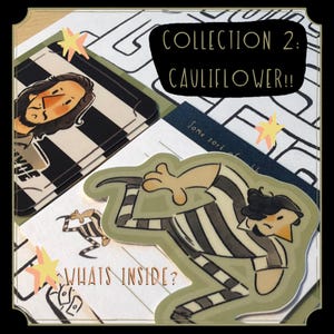 May include: A collection of stickers featuring cartoon characters in black and white striped prison uniforms. The text reads COLLECTION 2: CAULIFLOWER!! and WHATS INSIDE? with small yellow star illustrations scattered across the white paper background.