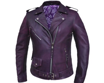 Women's Purple Lambskin Leather Motorcycle Jacket