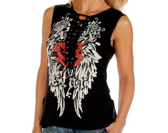 Women's "Rock Star" Angel Wing and Rose Eyelet Tank Top