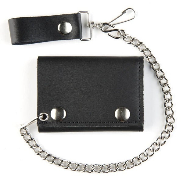 Made In USA close 4 x3" Tri-Fold Black Leather Biker Chain Wallet Open 4x 12" TC304-23