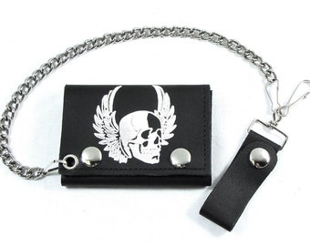 4" Biker Trifold White Skull w/ Wings Chain Leather Wallet Made In USA