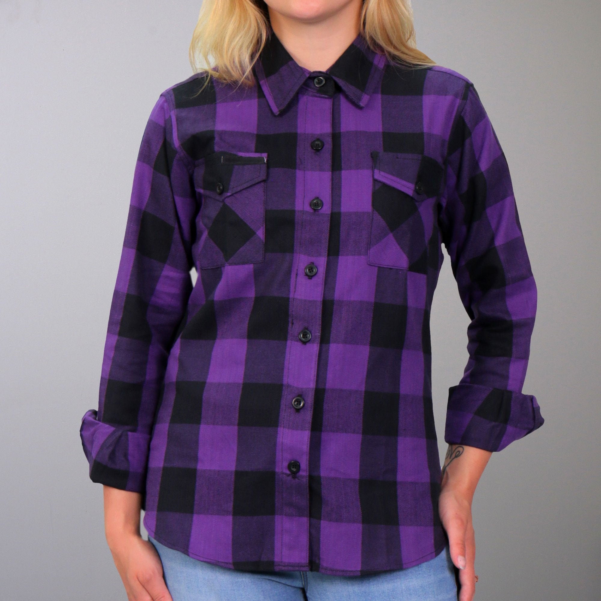 women's purple plaid shirt