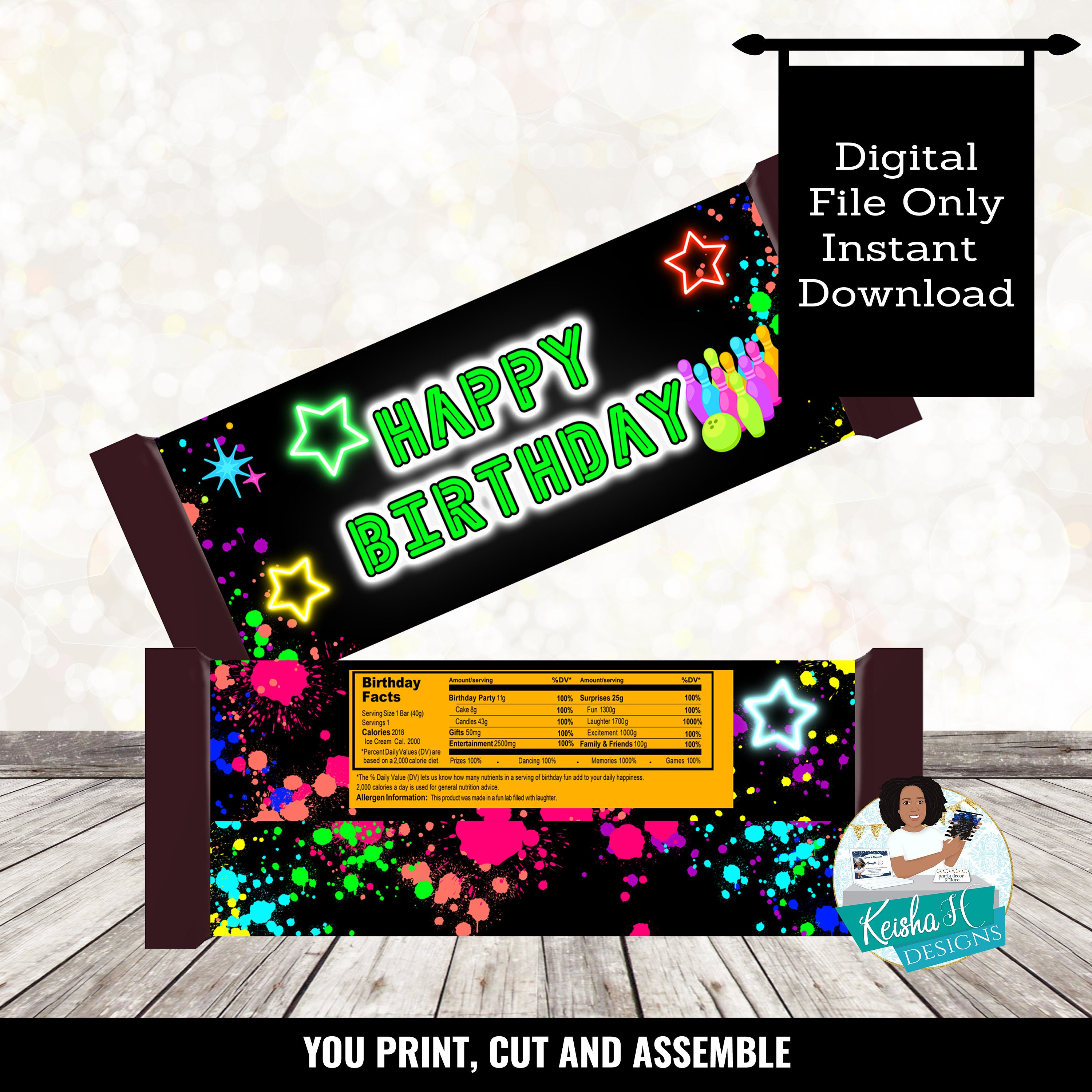 Glow Bowl Birthday Candy Bar Printable Cosmic Bowling Birthday party Wrapper Favor Bag Wedding favor candy Sweet 16 gifts